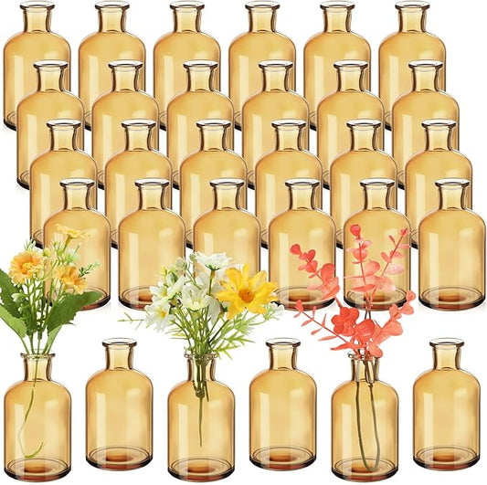Lallisa 15 Pcs 4 Inches Small Glass Bud Vases Bulk Mini Flower Vases for Centerpieces Decorative Glass Bottles Vintage Rustic Decoration for Wedding Dining Table Home Decor (Amber)