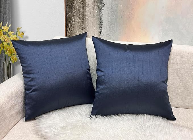 Aiking Home 20x20 Inches Faux Silk Square Throw Pillow Cover, Zipper Closure, Navy (Set of 2)
