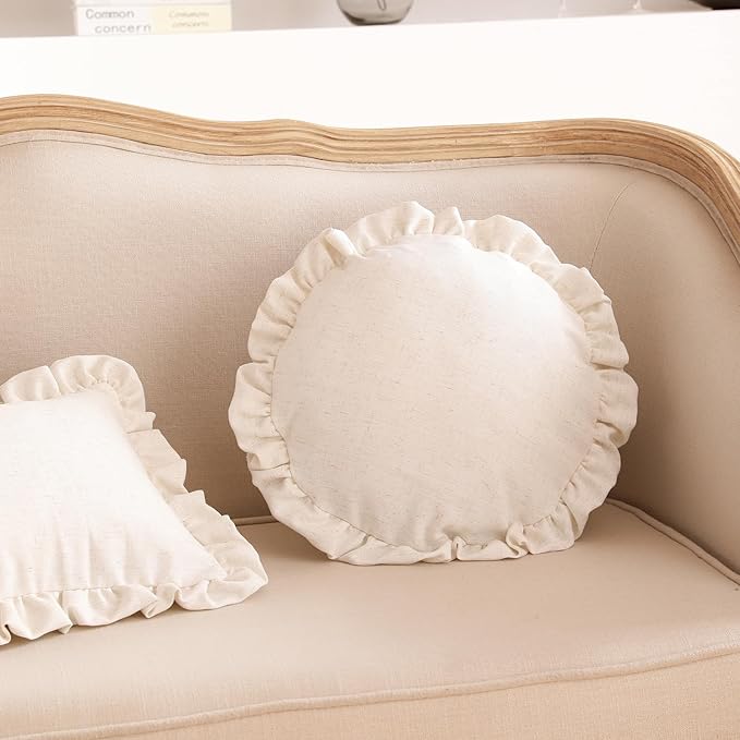 ISAENNE Classic Ivory White Round Throw Pillow Cover Diameter 16", Solid Color Farmhouse Linen Cotton Decoration Pillow Cover with Ruffles, Sturdy Throw Pillowcase for Couch Sofa Bed Living Room