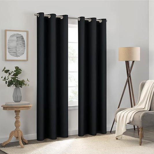 Eclipse Kendall Solid Textured Blackout Thermal Insulated Lining Grommet Window Curtain for Bedroom (1 Panel), 42 in x 84 in, Black