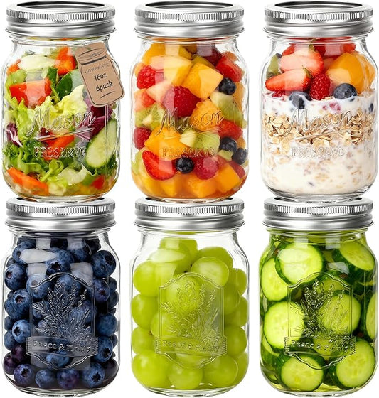 CycleMore 16oz 6 Pack Mason Glass Jars with Airtight Lids and Bands, Embossed Design Canning Jars, Pint Glass Jars for Pickling, Meal Prep, Freezing, Fermenting, Preserving, Jar Décor