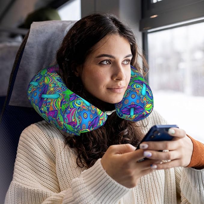 Comfortable Travel Pillow for Pain Relief Sleeping, Memory Foam Airplane Car Neck Pain Pillows Trippy Stoner Magic Mushrooms Art, Funny Chin Head Support Cushion
