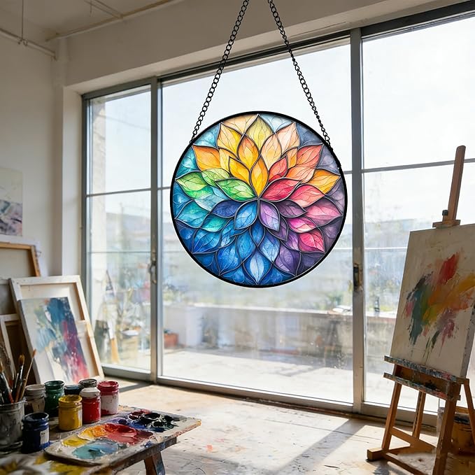 DASTOLL Stained Glass Window Hanging, Colorful Flower Petals Sun Catchers Diamond Glass Panel Hangings Suncatcher Decor for Birthday for Women, Men, Wife, Aunt, and Mom 7.8 in