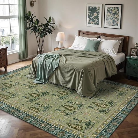 Tangsoo 5x7 Washable Area Rug for Living Room,Non Slip Vintage Boho Green Floral Indoor Rug for Bedroom Office, Soft Low Pile Foldable Floor Rugs for Dining Room Nursery Home Decor