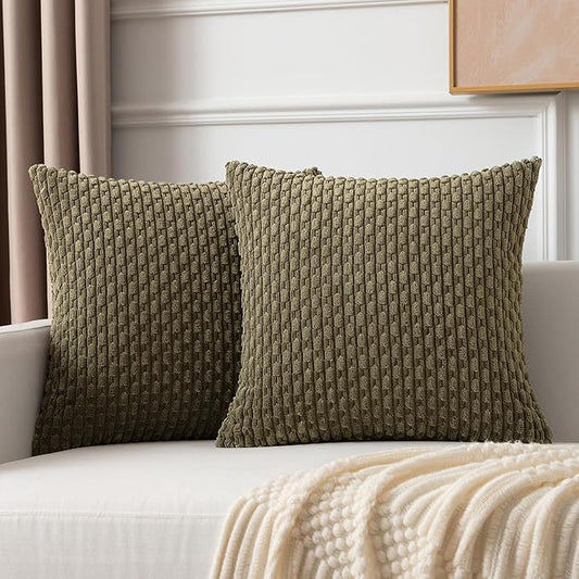 Kevin Textile Pack of 2 Corduroy Decorative Throw Pillow Covers 22x22 Inch Soft Boho Striped Pillow Covers Modern Farmhouse Home Decor for Spring Sofa Living Room Couch Bed Olive Green
