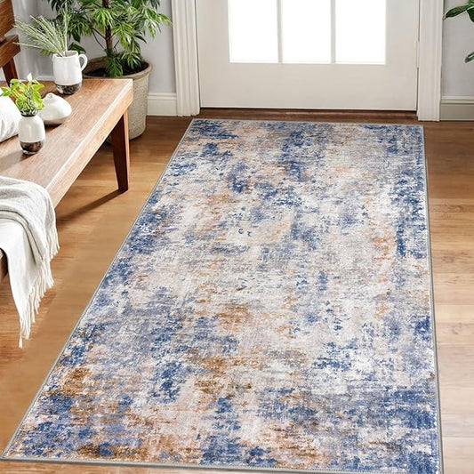 Modern Abstract Small Area Rug Indoor, Grey Blue Orange Multi 3x5 Washable Rug Non-Slip Soft Entryway Rug Kitchen Mats Thin Print Faux Wool Floor Carpet Colorful Throw Rugs for Entrance Bedroom