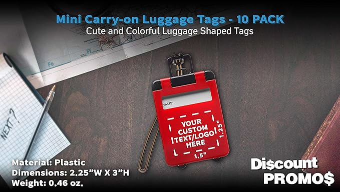 10 Mini Carry-on Luggage Tags Pack - Customizable Text, Logo - Flip Open Cover, ID Sticker - Red