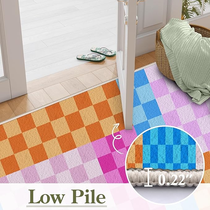 Multicolored Checkerboard Grid Runner for Entryway, 4x12ft, Boho Colorful Checkered Pattern Kids Playing Mat, Cozy Soft Absorbent Reduce Noise Rugs, Durable Washable Carpet for Family