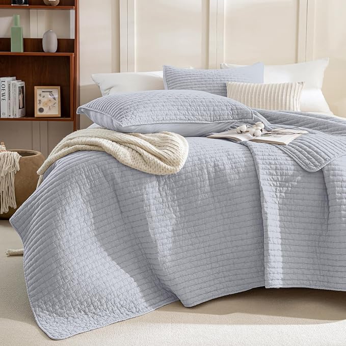 Sanracie Stonewashed Oversized King Quilt(120"x120"), Cotton Cornflower Blue Cross Stitch Pattern California King Quilt Sets 3Pcs Soft Lightweight Crinkle Bed Coverlet Set for All Season