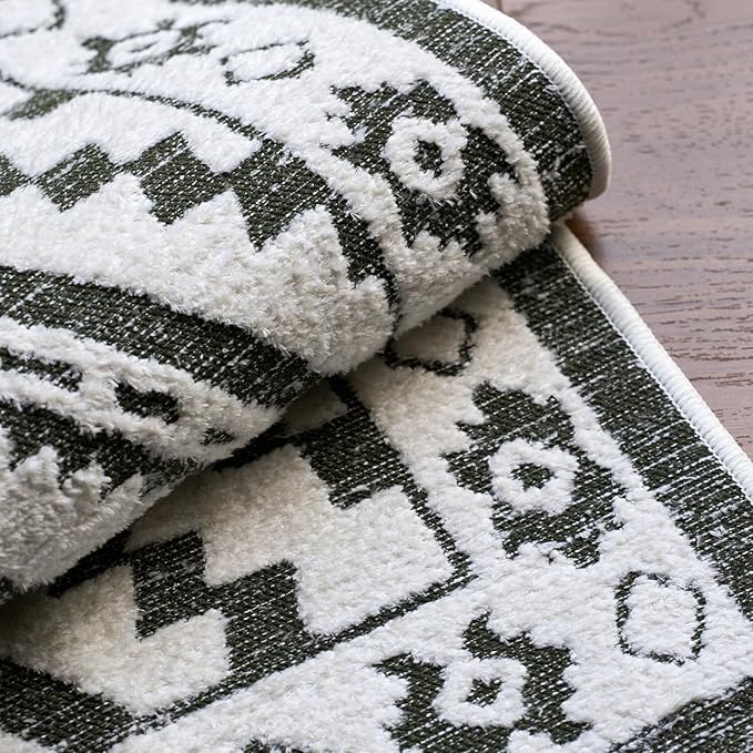Moroccan Washable Runner Rug 2x8, Geometric Woven Area Rug, Farmhouse Boho Hallway Rug Runner, Non-Slip Soft Lightweight Throw Rug for Bedroom Living Room Laundry Kitchen, Olive Green/White