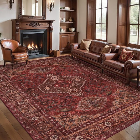 Tangsoo 5x7 Area Rug Washable Rug for Living Room, Vintage Indoor Non Slip Large Area Rugs, Print Distressed Carpet, Soft Low Pile Foldable Floor Rug for Bedroom Dining Room Dorm Dark Red