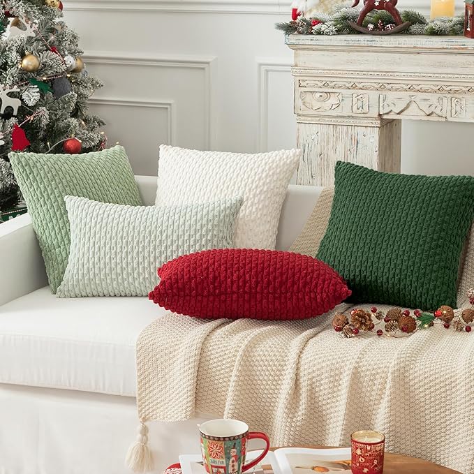 Kevin Textile Pack of 2 Corduroy Decorative Throw Pillow Covers 18x18 Inch Soft Boho Striped Pillow Covers Modern Farmhouse Home Decor for Sofa Living Room Couch Bed Dark Green