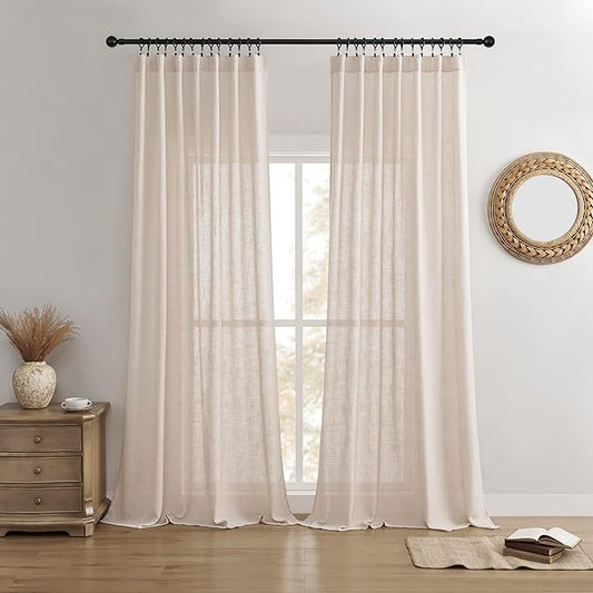 Joydeco Linen Curtains for Living Room,Semi Sheer Drapes Window Long Curtains 72 inches Long Pink Beige