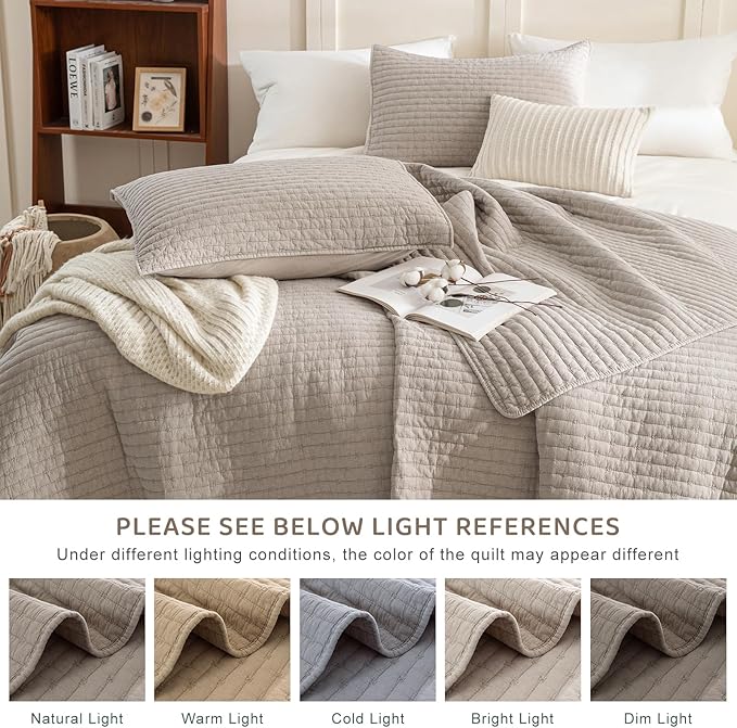 Sanracie Cotton Quilt Set King Size(110"x98"), Linen Colored Ultra Soft Stonewashed Crinkle Quilt Bedspread Set 3Pcs Cross Stitch Pattern Lightweight Breathable Bed Coverlet Set for All Season