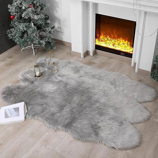 Faux Fur Rug Sheepskin Shag Fluffy Fuzzy Grey 4x6 ft Rugs for Bedroom Bedside Bed Floor Living Room Plush High-Density Cushion Carpet Super Sofa Cover