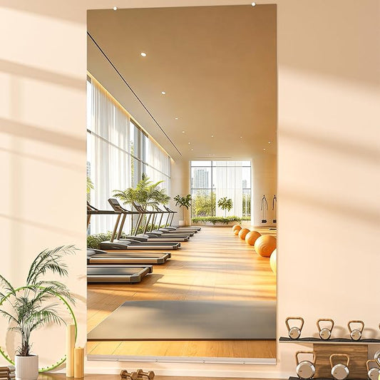 Hasipu Home Gym Mirror, 95"x40" Each, 1-Pack Frameless Wall Mounted Mirrors with Glass Clamps & 1 Aluminum Rail, Large Body Mirror for Home Gym, Yoga Studio, Bedroom, Silver Tempered Glass