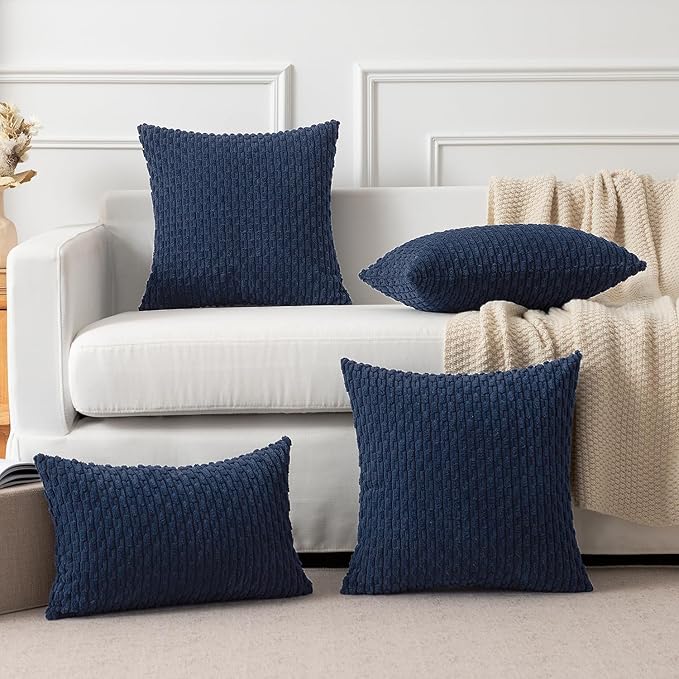 Kevin Textile Set of 2 Pillow Covers Solid Supersoft Corduroy Handmade Decorative Velvet Throw Pillow Cushion Cover for Bed 12x20 Inch Navy Blue