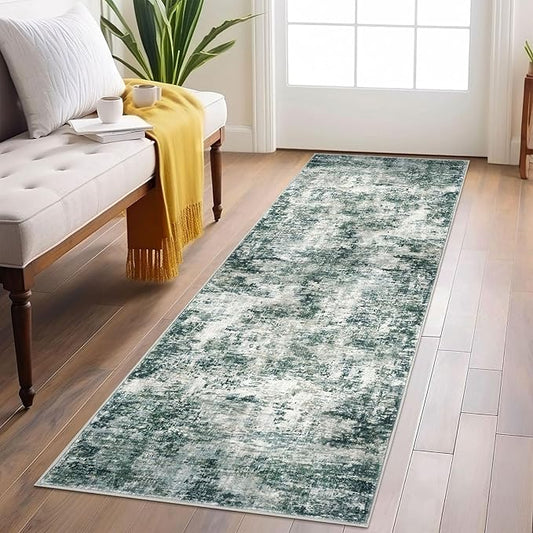 Modern Abstract Runner Rug 2x6, Grey Green Washable Kitchen Runner Non-Slip Soft Hallway Rug Runner Thin Print Faux Wool Carpet for Entryway Bedroom Laundry Room Indoor Home Decor