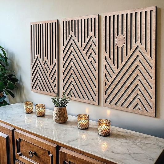 qmmp Modern Wooden Wall Sculptures - Set of 3 - Home Decor Accent - Large Wall Art for Living Room, Bedroom, Office - Easy Installation (Oak, Large - Mountain and Sun)