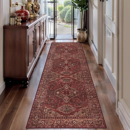 Tangsoo 2.6x10 Washable Hallway Runner Rug, Non Slip Vintage Runner Rug for Hallways, Soft Low Pile Long Rug Runner, Print Distressed Carpet Runners for Kitchen Bedroom Entryway Living Room Dark Red