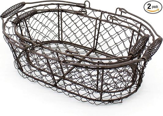 CVHOMEDECO. Oval Metal Wire Egg Basket Wire Fruit Basket with Handle Primitives Vintage Style Storage Basket. Rusty, Set of 2