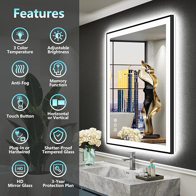 24x30 Black Framed LED Bathroom Mirror with Lights, Backlit + Front Lit, Anti-Fog Lighted Vanity Mirror for Bathroom Wall with 3 Colors, Dimmable, Memory, Tempered Glass, Horizontal/Vertical