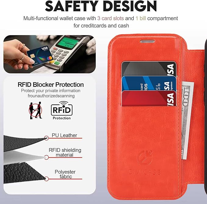 CIVICASE for iPhone 14 Pro Max Wallet Case with Stand,PU Leather Flip Credit Card Holder Slots (RFID Blocking),Compatible with Magsafe Magnetic Holder Phone Cover Women Men,Orange