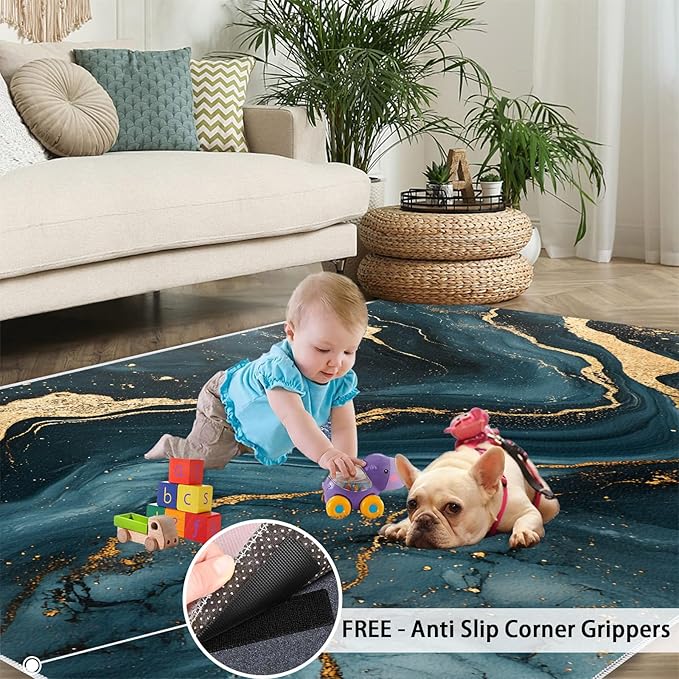 Marble Washable Area Rugs 3x4 Non-Slip Fluid Art Living Room Rug Gold Lines Soft for Carpet Low Pile Indoor Door Mat & Room Decor