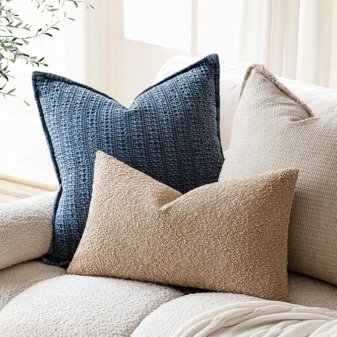 Foindtower Textured Boucle Throw Pillow Covers Accent Solid Lumbar Pillow Cases Cozy Soft Decorative Couch Cushion Case for Chair Sofa Bedroom Living Room Home Decor, 12 x 20 Inch,Taupe Khaki Camel