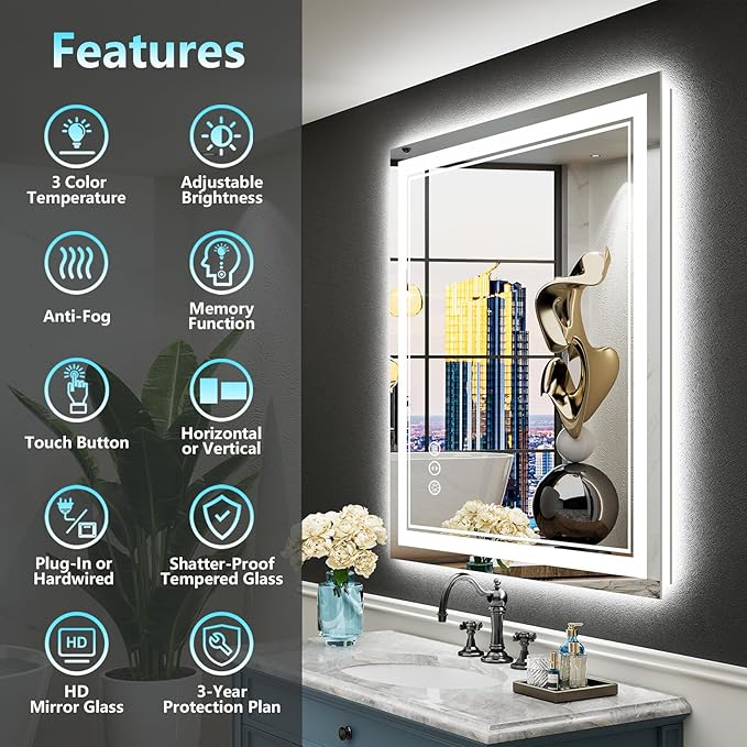 28x32 LED Bathroom Mirror with Lights, Backlit & Front Lit, Anti-Fog Lighted Vanity Mirror for Bathroom Wall, 3 Colors, Dimmable, Memory, HD Tempered Glass, Shatter-Proof, Horizontal/Vertical