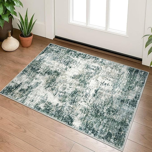 Modern Abstract Entryway Rug Indoor 2x3 Washable Non-Slip Soft Grey Green Colorful Small Area Rug Kitchen Mat Thin Print Faux Wool Floor Carpet for Entrance Bedroom Office