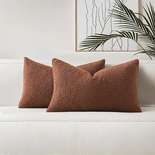 HAUSSY Set of 2 12x20 Decorative Throw Pillow Covers, Soft Cozy Textured Boucle Lumbar Pillow Cases, Home Decor for Couch Bed Living Room, Rust