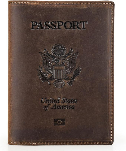 Top Grain Leather Single Travel Passport Wallet Embossing Badge for Unisex, Folio Design for Passport & Multi Cards, RFID Blocking for Passport/Cards/Checks/Bills/AirTag, Coffee Default, US