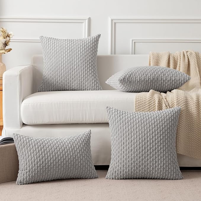 Kevin Textile Euro Sham Pillow Covers 28x28 Inch 2 Packs Soft Boho Striped Corduroy Decorative Throw Pillows for Living Room Couch Bed Sofa Rustic Farmhouse Home Decor 71x71cm Light Grey