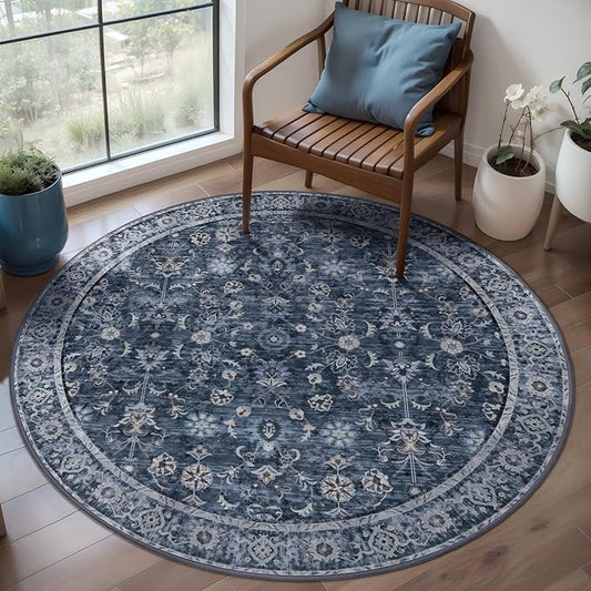 Tangsoo Vintage Round Rug 4ft Washable Circle Rug, Non Slip Small Boho Blue Round Rug, Low Pile Floral Circular Rugs, Machine Washable Round Carpet for Bedroom,Entryway,Nursery,Dorm,Kitchen,Office