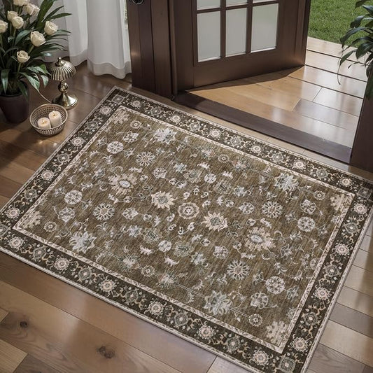 Tangsoo 2x3 Small Rug Washable Brown Entry Rugs for Entryways Non-Slip Vintage Floral Throw Area Rugs Boho Rugs Distressed Floor Carpet Soft Low Pile Door Mat for Entrance Bedroom Kitchen Foyer Decor