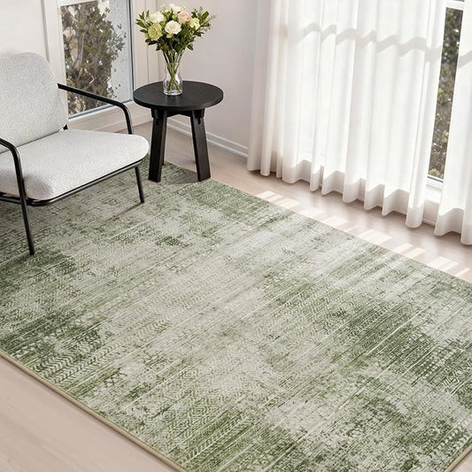 3 x 5 Rug Small Non Slip Machine Washable Rug Distressed Abstract Soft Indoor Carpet Neutral Boho Rug for Bedroom Living Room Entryway Kitchen Bedside, Green