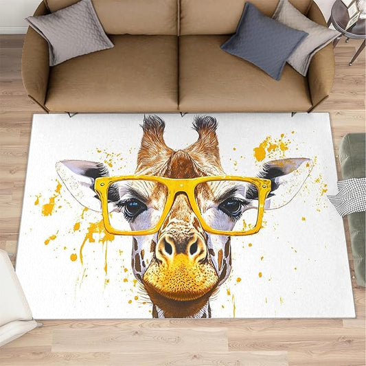 Giraffe 3x5 Area Rugs for Living Room, Funny Animals Washable Non Slip Rugs, Pop Art Low Pile Print Rug for Bedroom, Dining Room, Home Office