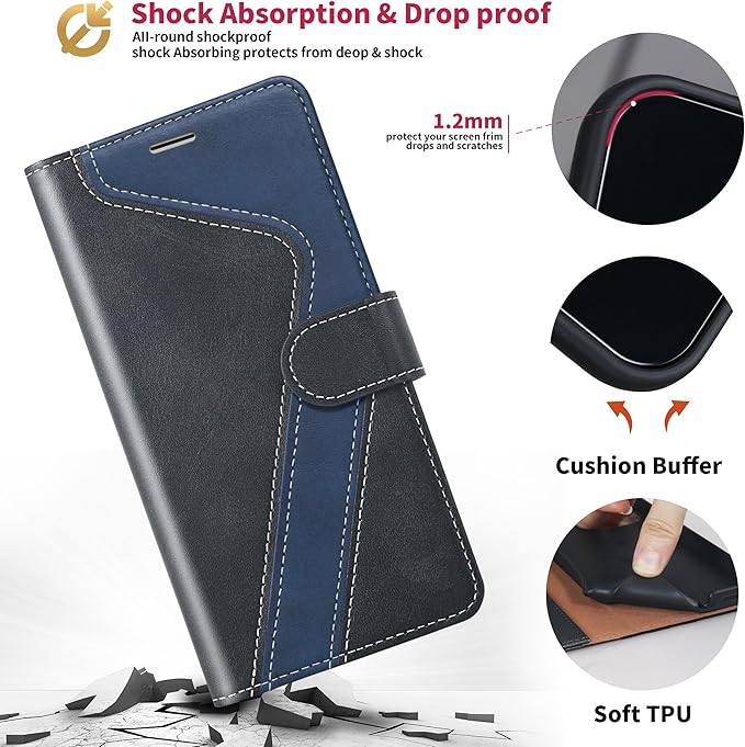 CIVICASE for iPhone 16 Pro Wallet Case,PU Leather Flip Case RFID Blocking Credit Card Holder Folio Magnetic Stand TPU Shockproof Cover Compatible with iPhone 16 Pro, Black Blue