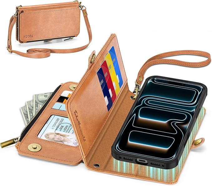 TUCCH Removable Crossbody Case Wallet for iPhone 17 Pro Max 6.9" 2025, Wireless Charging, RFID Blocking 10 Card Slots, Lanyard Wrist Strap, Zipper Pocket, PU Leather, Stand Magnetic Cover, Light Brown