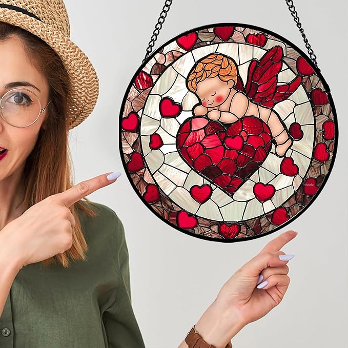 Stained Glass Window Hanging - Red Love Angel Sun Catcher for Door Garden Home Decor Cute Suncatcher Christmas Mother's Day Birthday for Women Men Mom Nana 15 in