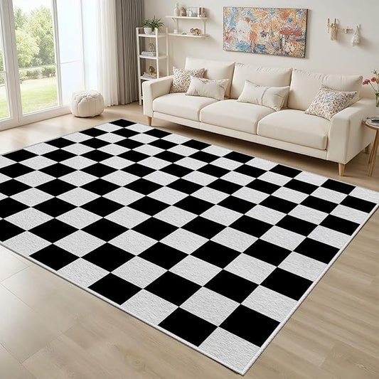 Black and White Checkered Rug for Living Room, 8x10 Area Rugs, Checkered Area Rug, Geometric Plaid Large Rugs, Geometrical Washable Non Slip Retro Carpet Home Floor Decor