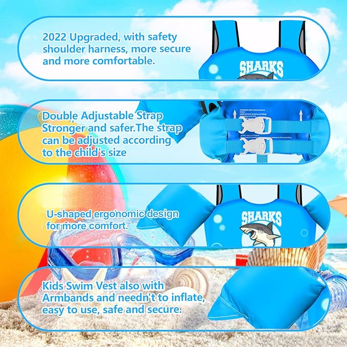 Chriffer Kids Swim Vest Life Jacket for 30-55 Pounds Boys and Girls, Toddler Floaties with Shoulder Harness Arm Wings for 2,3,4,5,6,7 Years Old Baby