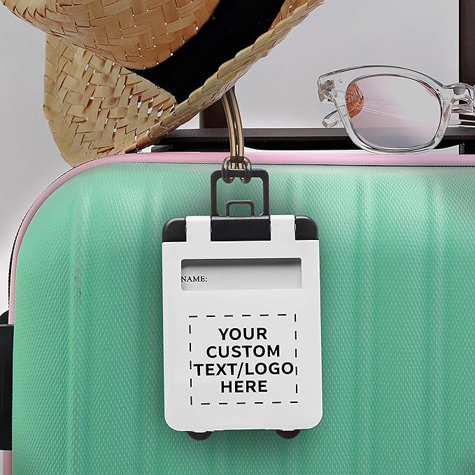 50 Mini Carry-on Luggage Tags Pack - Customizable Text, Logo - Flip Open Cover, ID Sticker - White