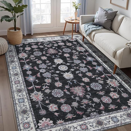 Tangsoo Floral Area Rug 3x5 Machine Washable Rug Non-Slip Vintage Distressed Boho Print, Low Pile Carpet for Living Room, Bedroom, Dining Room, Pet & Child Friendly (Black Red)