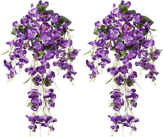 Fake Hibiscus Artificial Hanging Flowers Plants for Outdoors Spring Decoration, 2pcs Silk Hibiscus Vines Realistic UV Resistant Purple Faux Flowers for Outside Planter Porch Patio Yard Wedding Party
