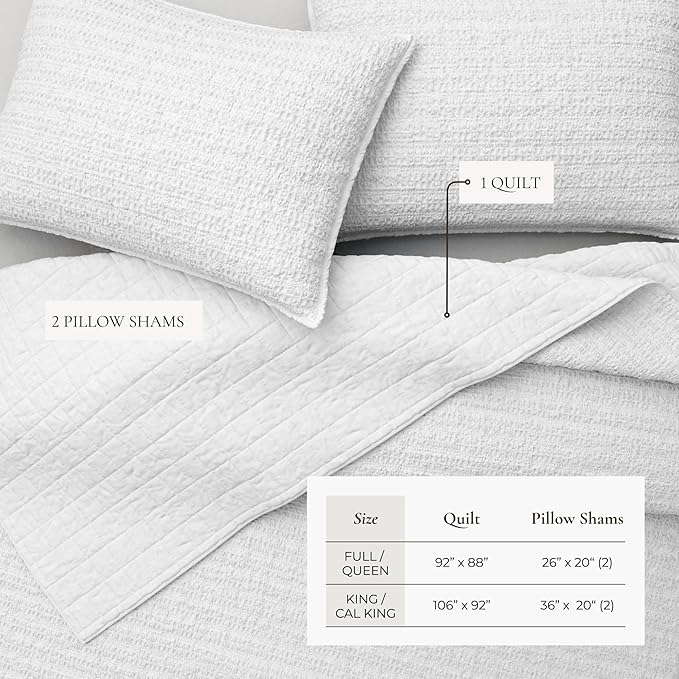 Great Bay Home Full/Queen Size White 100% Cotton Honeycomb Waffle Quilt and Sham Set - Garment Washed, Waffle Weave Like Texture, Lightweight 3-Piece Bedding Set