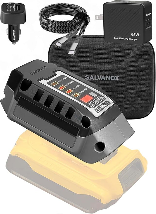 Galvanox Portable Battery Charger Set for DEWALT 20V Max Batteries, Fast Charging Powerbank Enabled (65W Input/Output) USB Type-C with AC Wall, DC Vehicle Car Adapter and Organizer (Power Pack, 4PC)