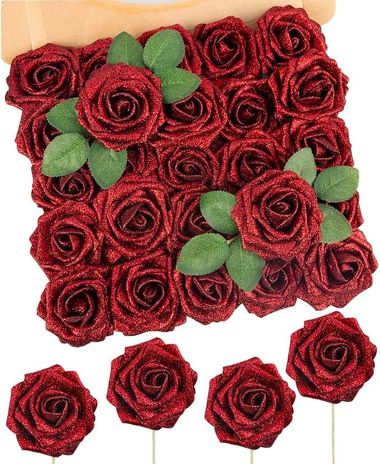 N&T NIETING Artificial Flowers Glowing Red Flowers Foam 25pcs Glitter Roses Real Looking Fake Roses with Stem for Valentine's Day DIY Wedding Bouquets Centerpieces Bridal Shower Party Home Decorations