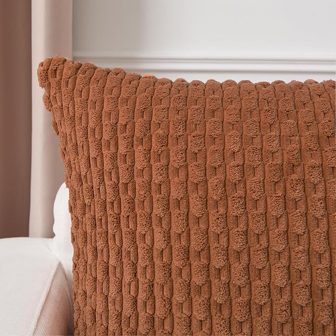 Kevin Textile Decorative Pillow Covers Set of 2 Striped Plush Corduroy Rectangle Lumbars Boho Home Decor Cushion Covers for Couch Sofa Bed Living Room 12x20 Inch, Burnt Orange
